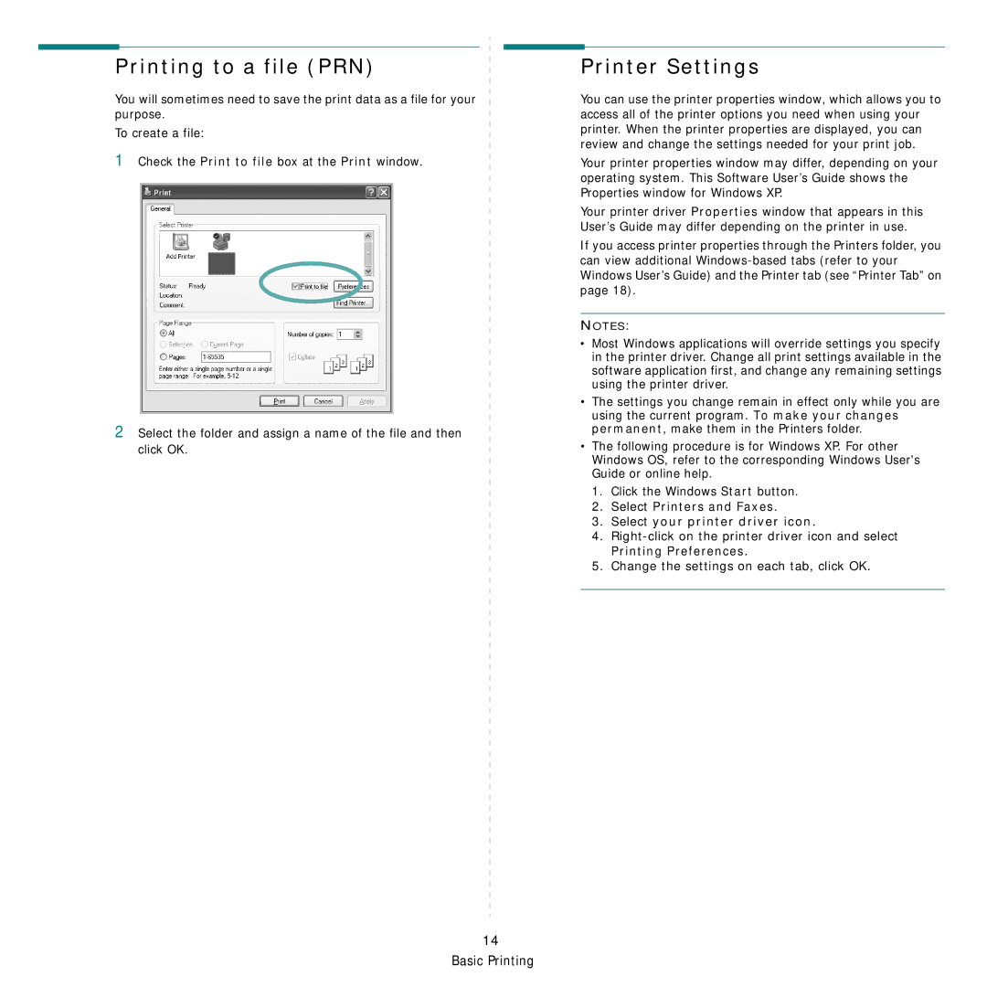 Samsung SCX-6555N Series manual Printing to a file PRN, Printer Settings 