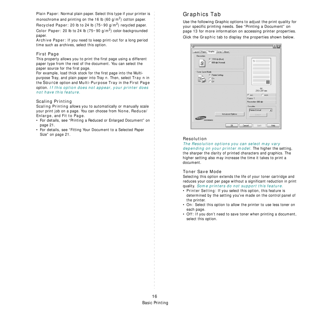 Samsung SCX-6555N Series manual Graphics Tab, First, Scaling Printing, Resolution, Toner Save Mode 