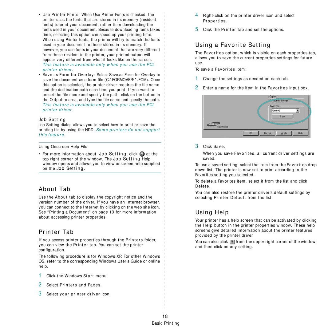 Samsung SCX-6555N Series manual About Tab, Printer Tab, Using a Favorite Setting, Using Help, Job Setting 