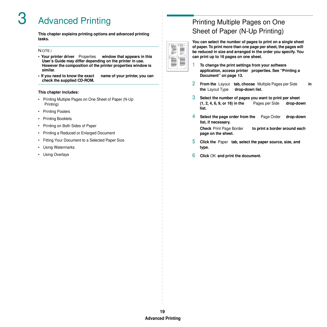 Samsung SCX-6555N Series manual Advanced Printing, Printing Multiple Pages on One Sheet of Paper N-Up Printing 