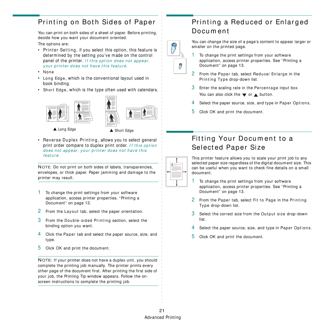 Samsung SCX-6555N Series manual Printing on Both Sides of Paper, Printing a Reduced or Enlarged Document, None 
