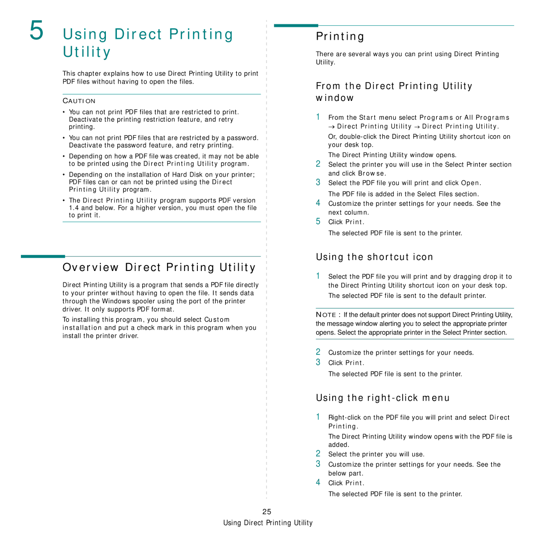 Samsung SCX-6555N Series manual Overview Direct Printing Utility, From the Direct Printing Utility window 