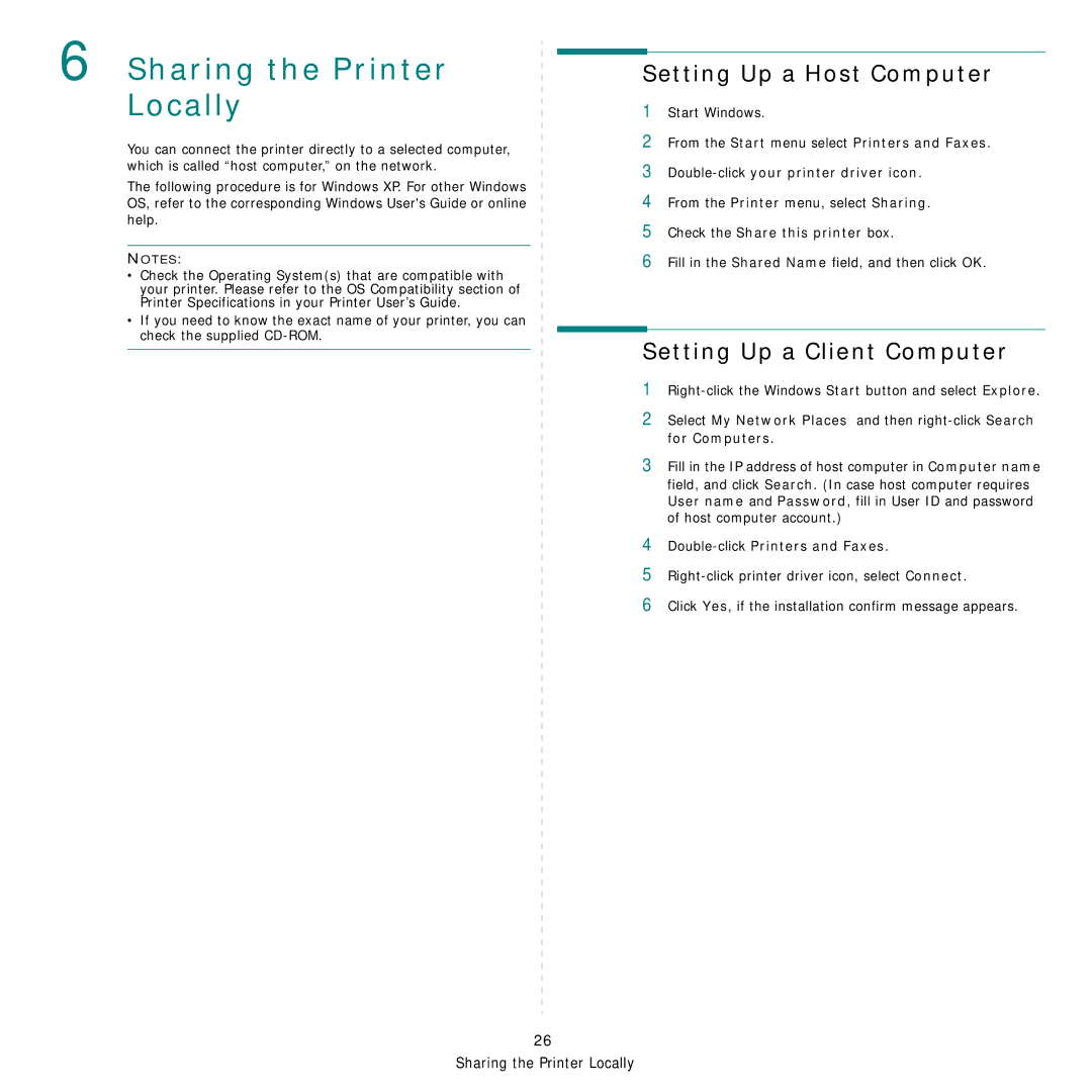 Samsung SCX-6555N Series manual Setting Up a Host Computer, Setting Up a Client Computer, Check the Share this printer box 