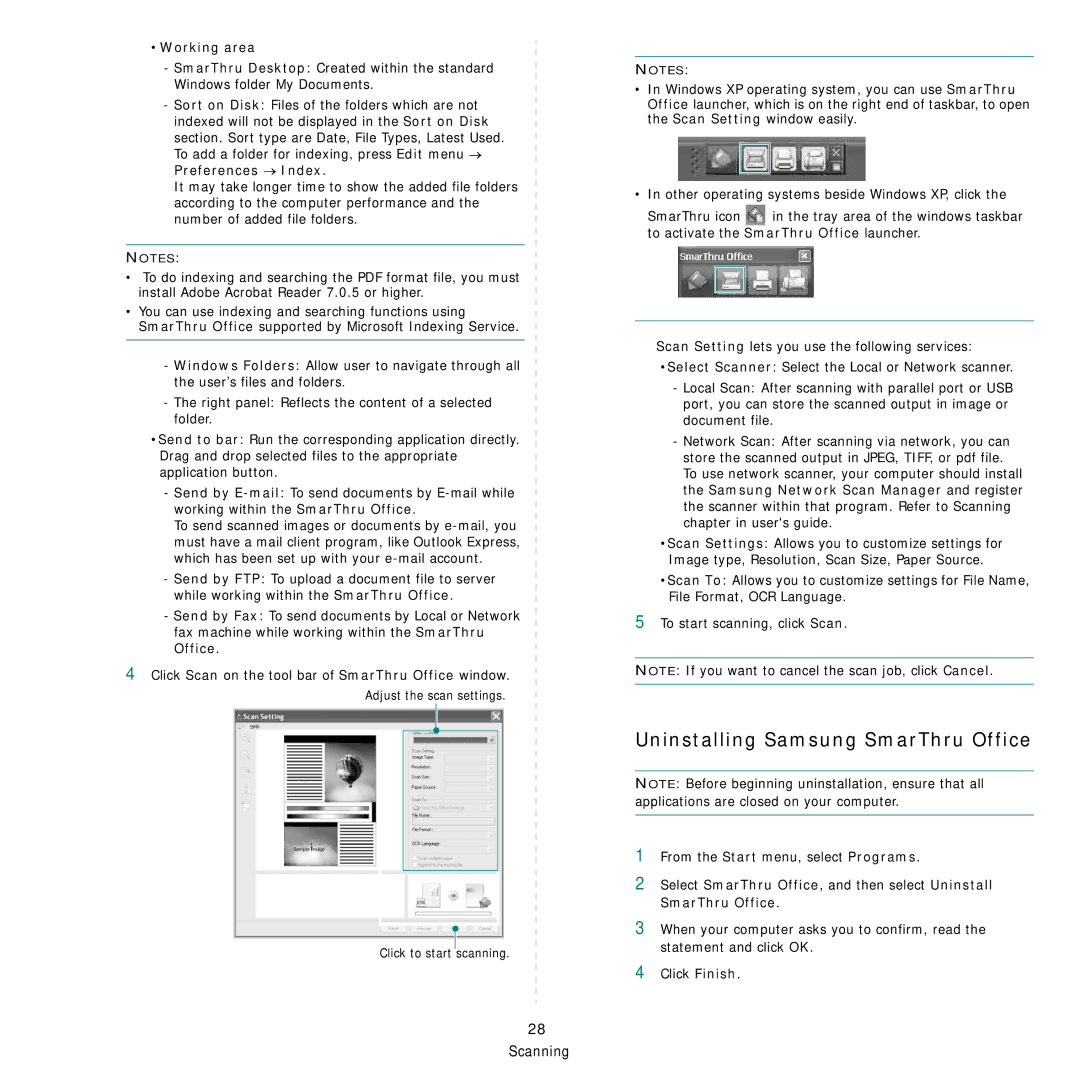 Samsung SCX-6555N Series manual Uninstalling Samsung SmarThru Office, Working area 