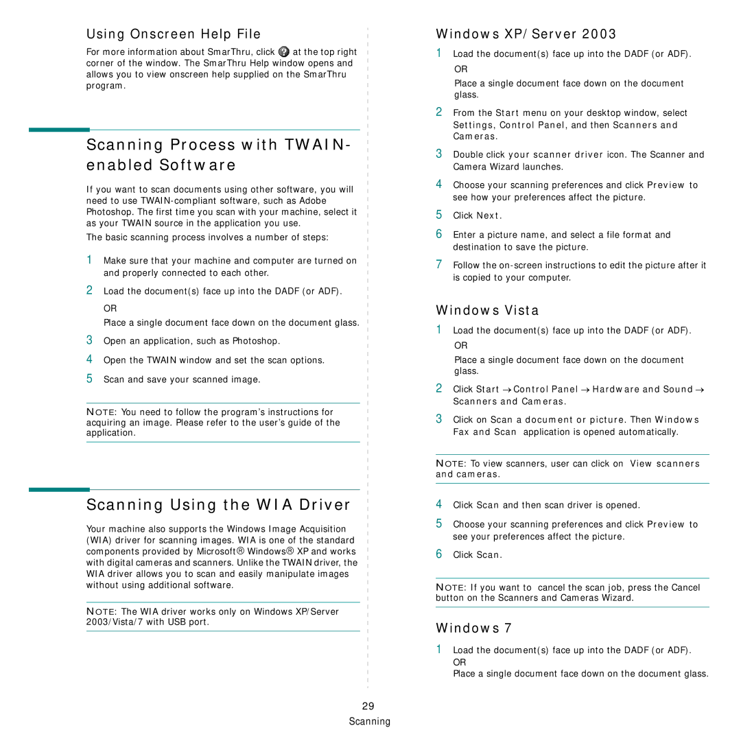 Samsung SCX-6555N Series manual Scanning Process with TWAIN- enabled Software, Scanning Using the WIA Driver 