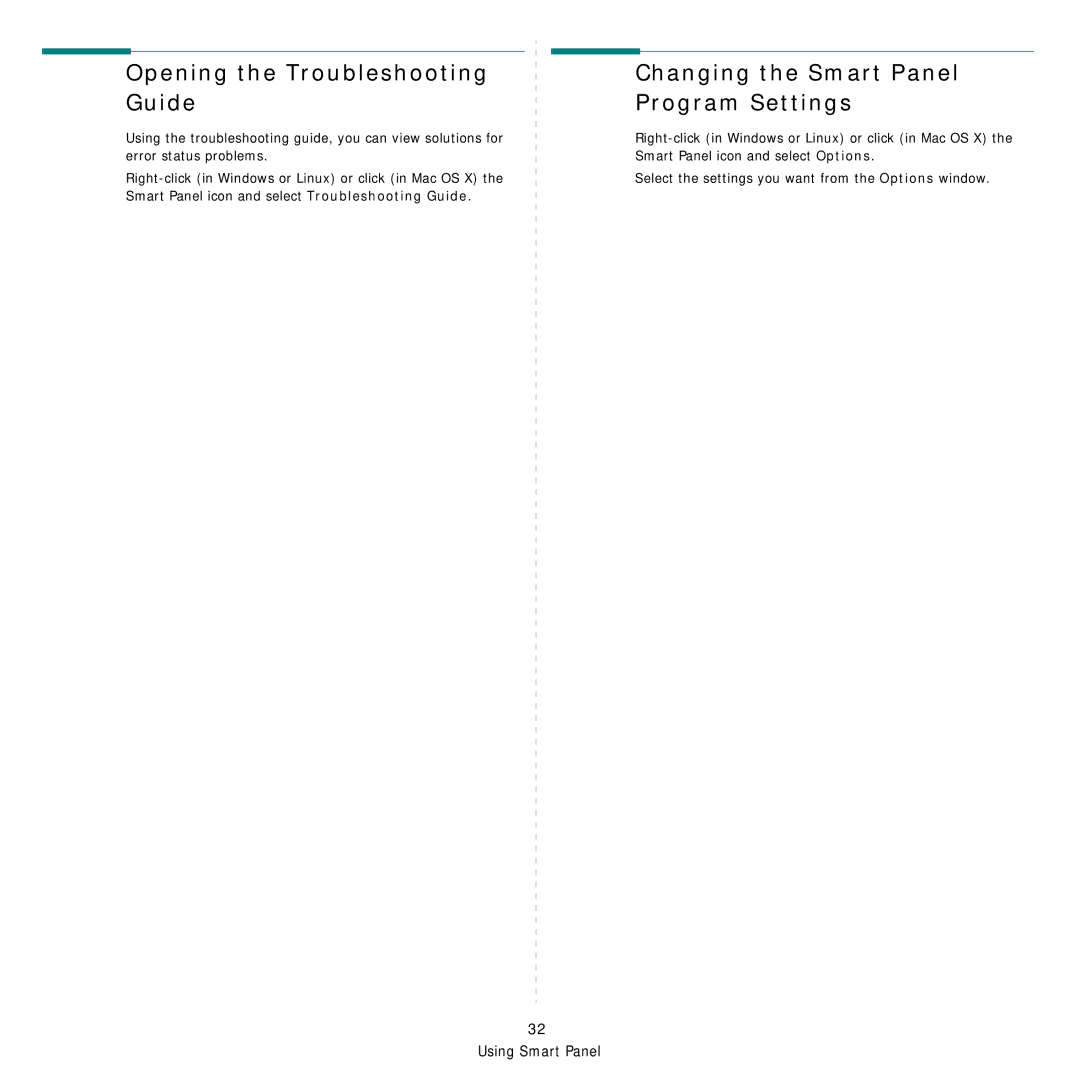 Samsung SCX-6555N Series manual Opening the Troubleshooting Guide, Changing the Smart Panel Program Settings 