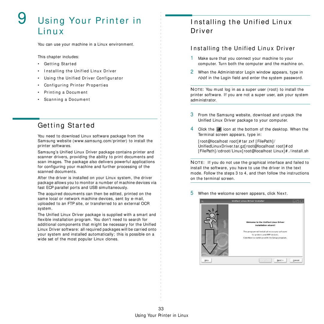 Samsung SCX-6555N Series manual Getting Started, Installing the Unified Linux Driver 