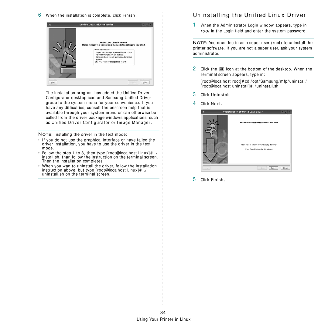 Samsung SCX-6555N Series manual Uninstalling the Unified Linux Driver, Click Uninstall 