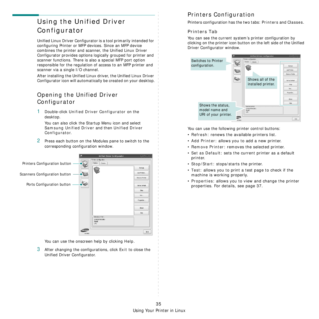 Samsung SCX-6555N Series manual Using the Unified Driver Configurator, Printers Configuration, Printers Tab 