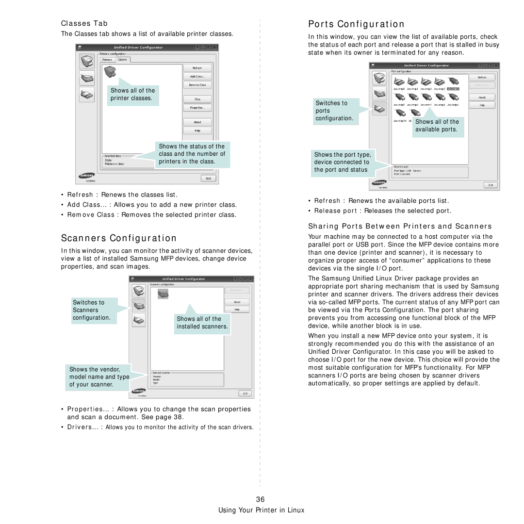 Samsung SCX-6555N Series manual Scanners Configuration, Ports Configuration, Classes Tab 