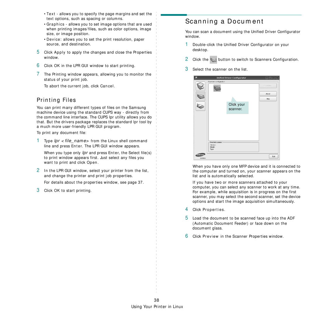 Samsung SCX-6555N Series manual Scanning a Document, Printing Files, Click Properties 