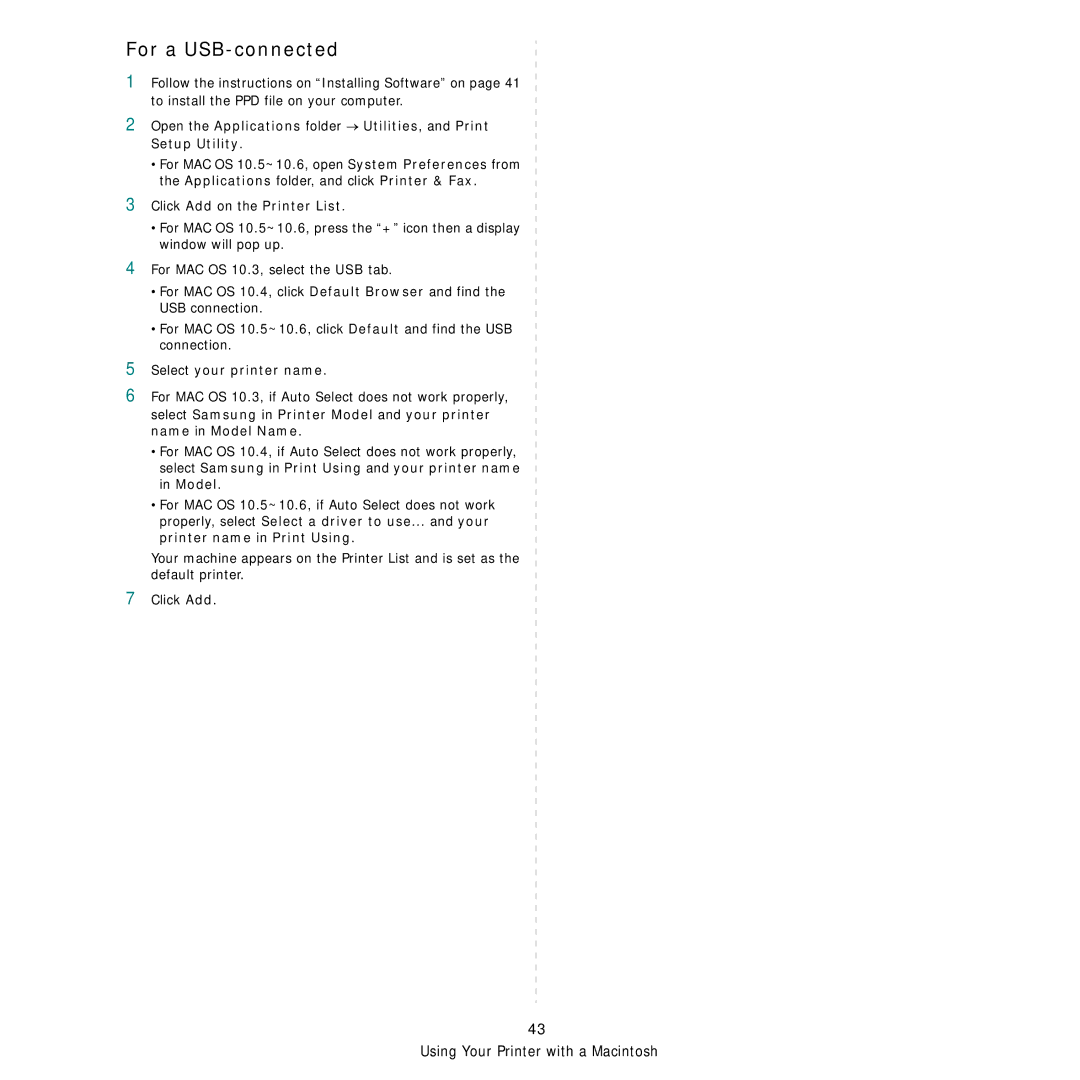 Samsung SCX-6555N Series manual For a USB-connected, Select your printer name 