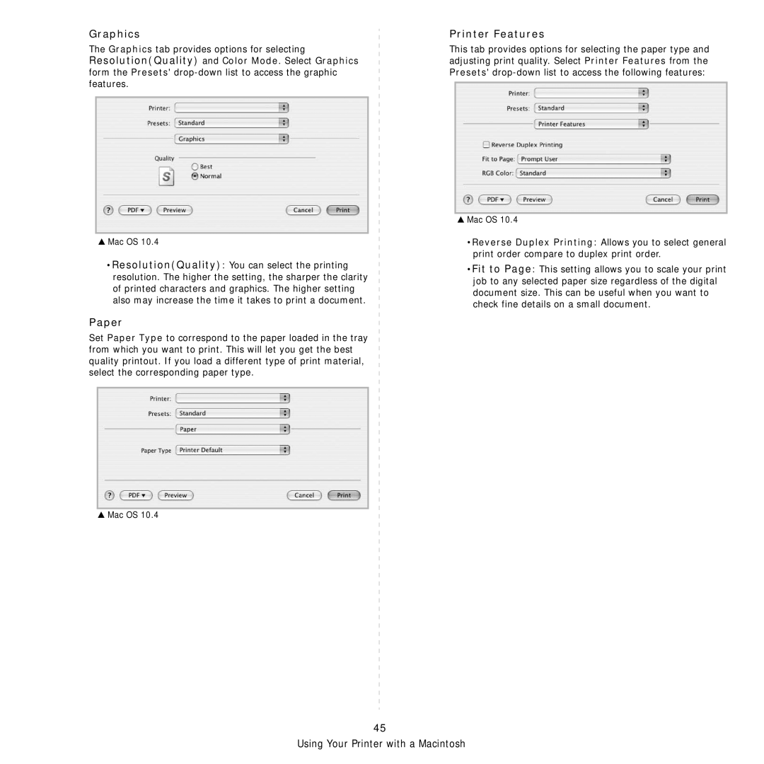 Samsung SCX-6555N Series manual Graphics, Paper, Printer Features 