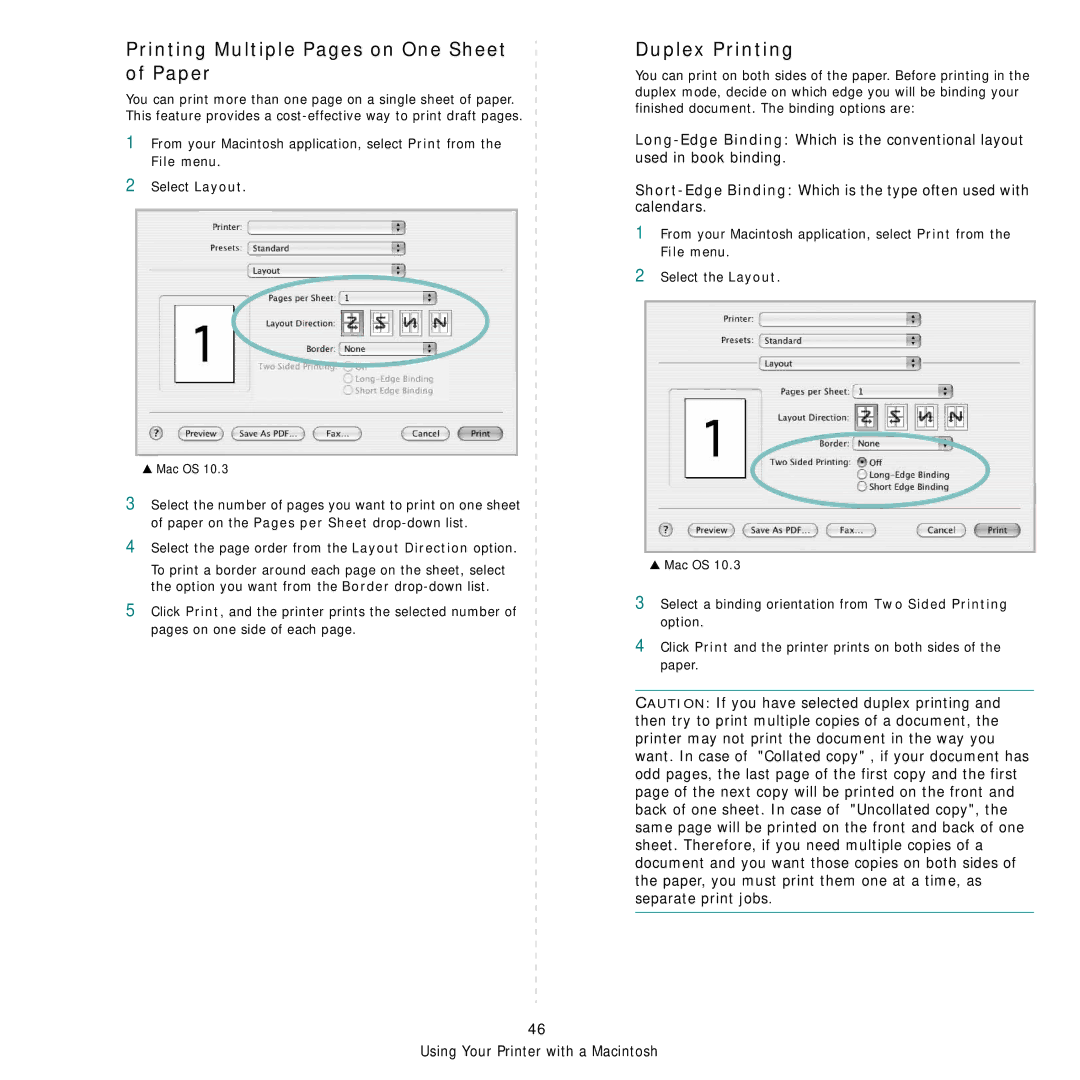 Samsung SCX-6555N Series manual Printing Multiple Pages on One Sheet of Paper, Duplex Printing 