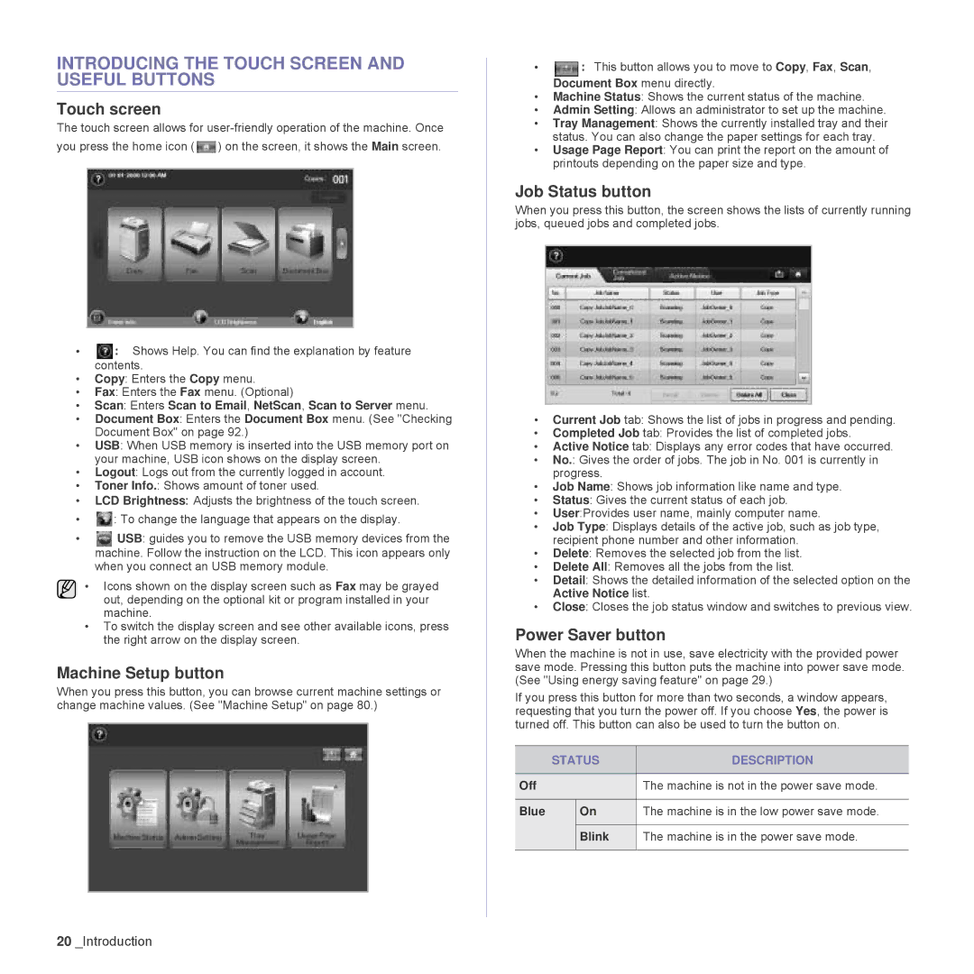 Samsung SCX-6555N Series manual Introducing the Touch Screen and Useful Buttons, Touch screen, Machine Setup button 