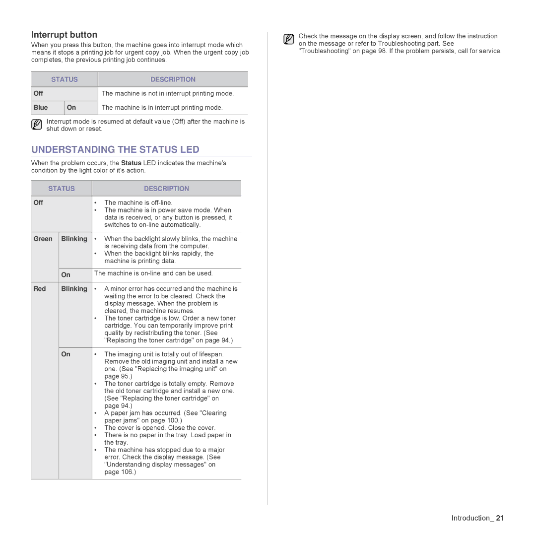 Samsung SCX-6555N Series manual Understanding the Status LED, Interrupt button, Off, Green Blinking, Red Blinking 