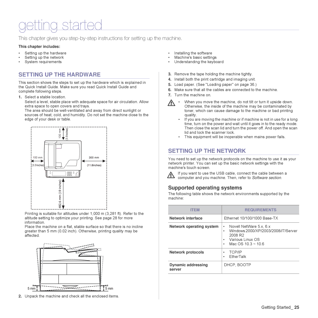 Samsung SCX-6555N Series Getting started, Setting UP the Hardware, Setting UP the Network, Supported operating systems 