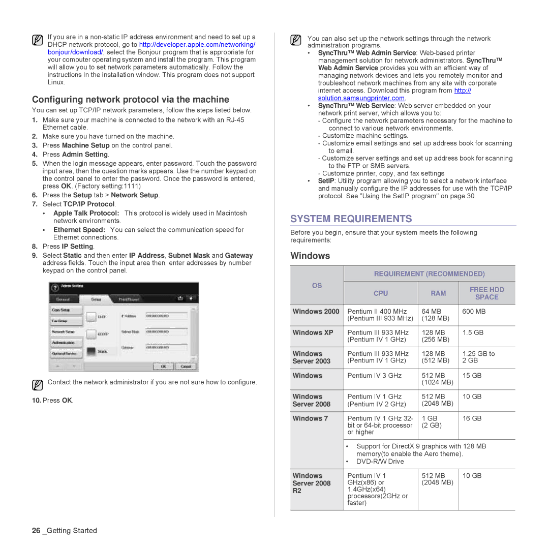 Samsung SCX-6555N Series manual System Requirements, Configuring network protocol via the machine, Windows 