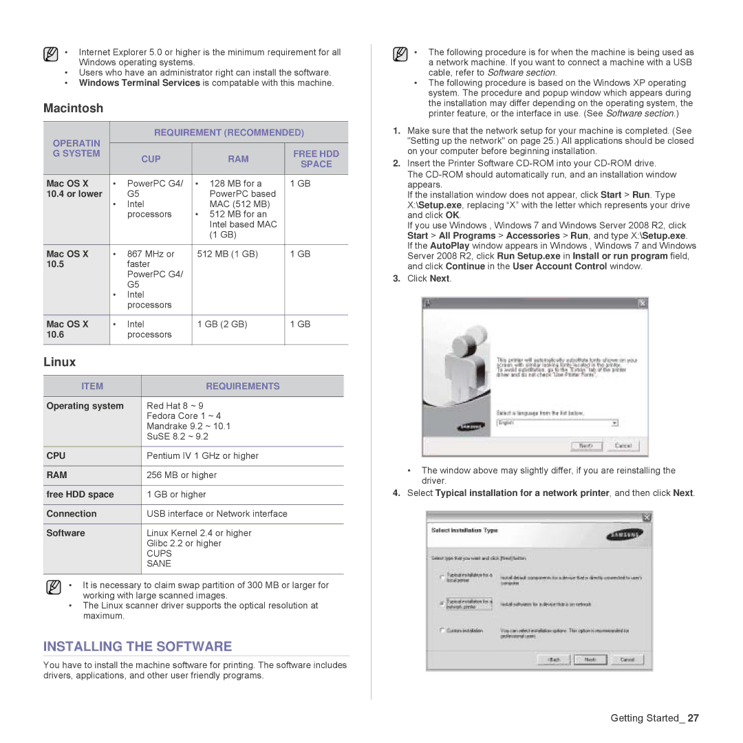 Samsung SCX-6555N Series manual Installing the Software, Macintosh, Linux 