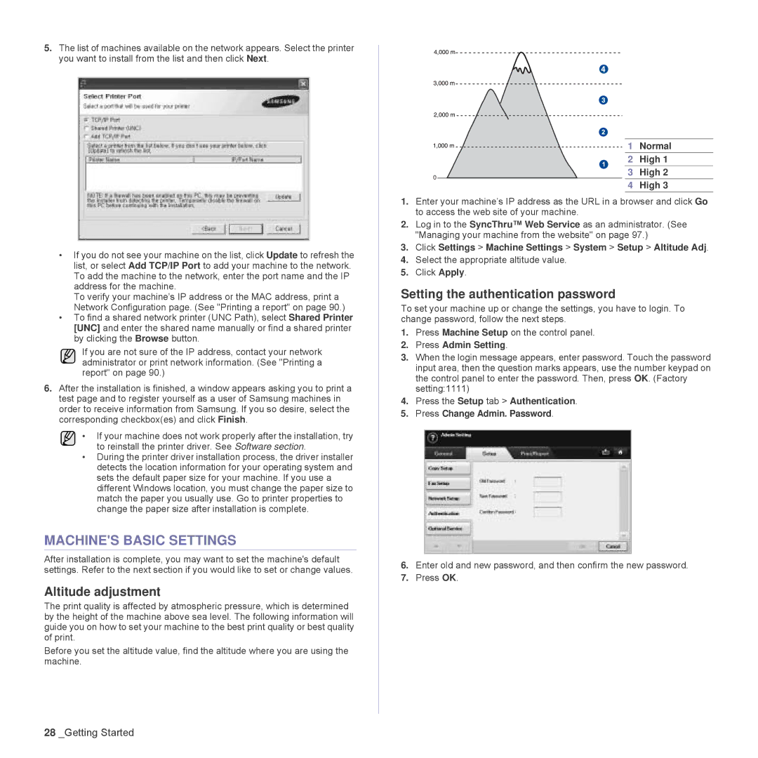 Samsung SCX-6555N Series Machines Basic Settings, Altitude adjustment, Setting the authentication password, Normal High 
