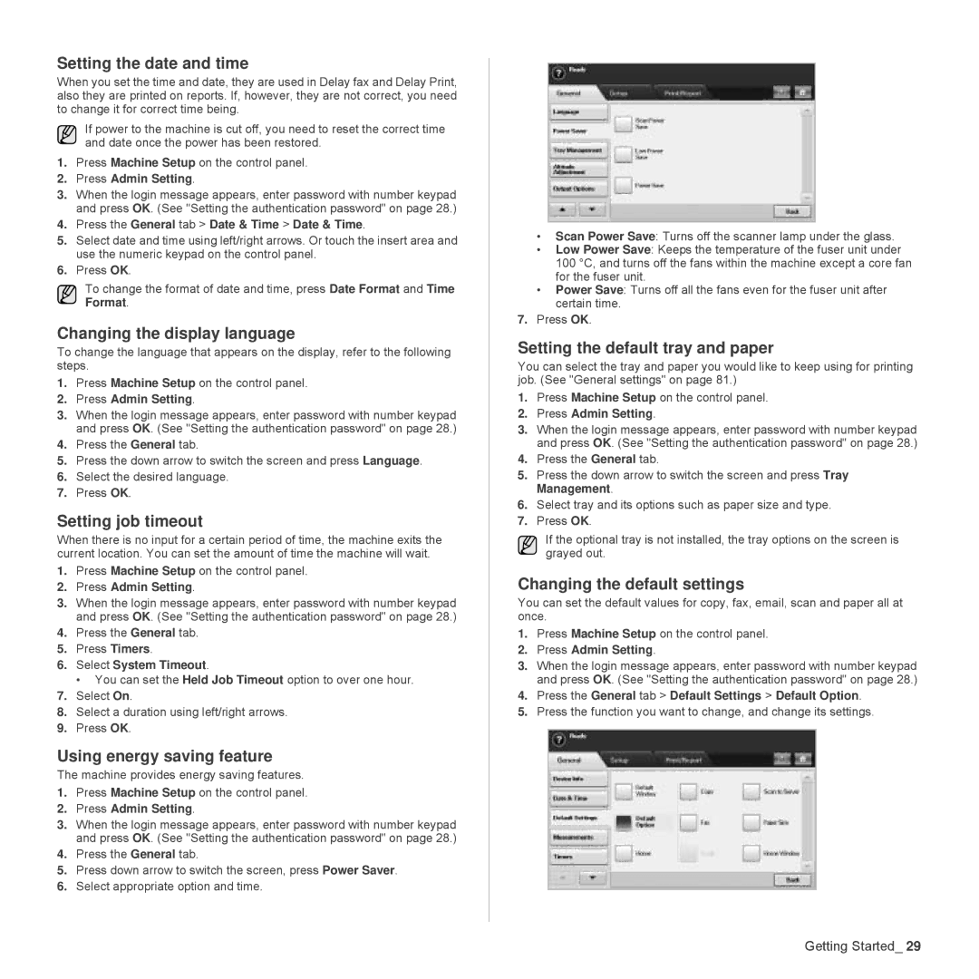 Samsung SCX-6555N Series manual Setting the date and time, Changing the display language, Setting job timeout 