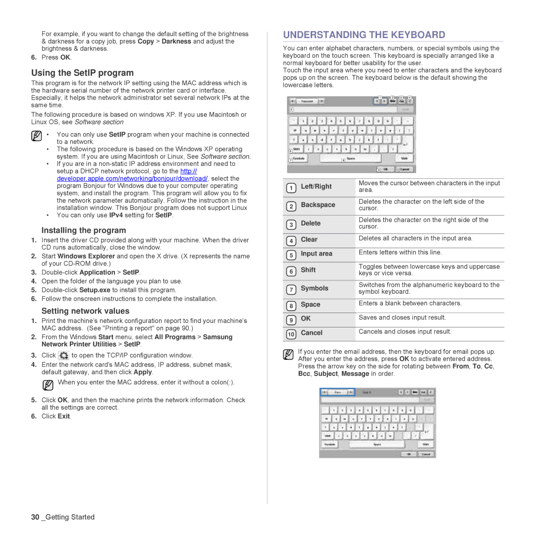 Samsung SCX-6555N Series manual Understanding the Keyboard, Using the SetIP program, Installing the program 