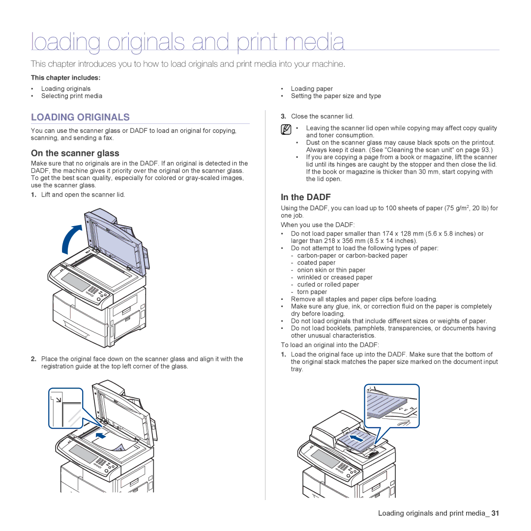 Samsung SCX-6555N Series manual Loading originals and print media, Loading Originals, On the scanner glass, Dadf 