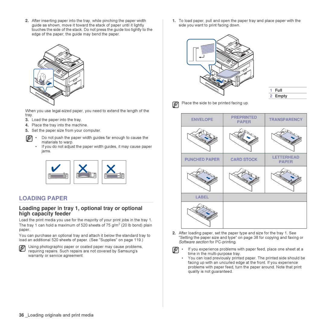 Samsung SCX-6555N Series manual Loading Paper, Full Empty 