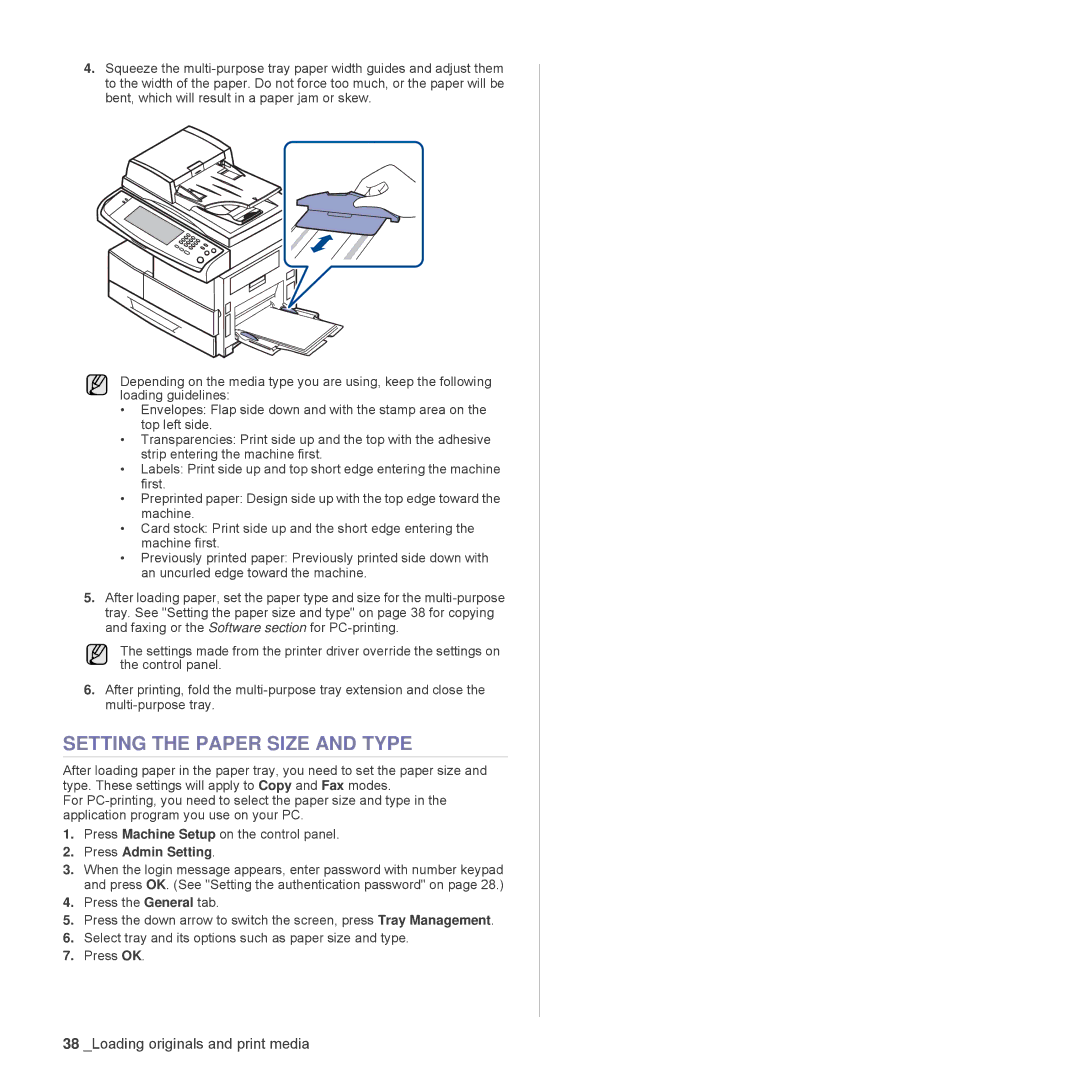 Samsung SCX-6555N Series manual Setting the Paper Size and Type, Press Admin Setting 