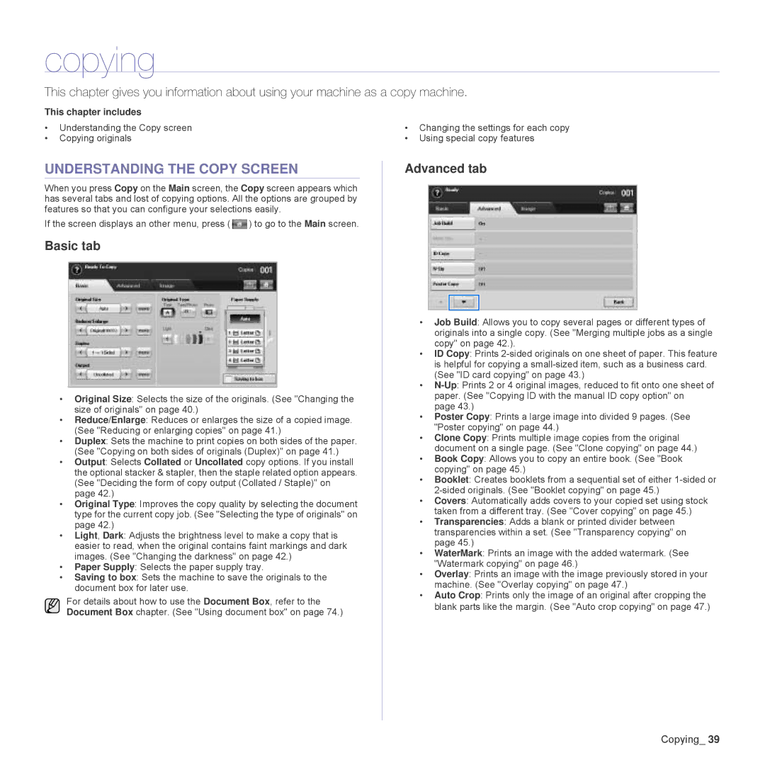 Samsung SCX-6555N Series manual Copying, Understanding the Copy Screen, Basic tab, Advanced tab 