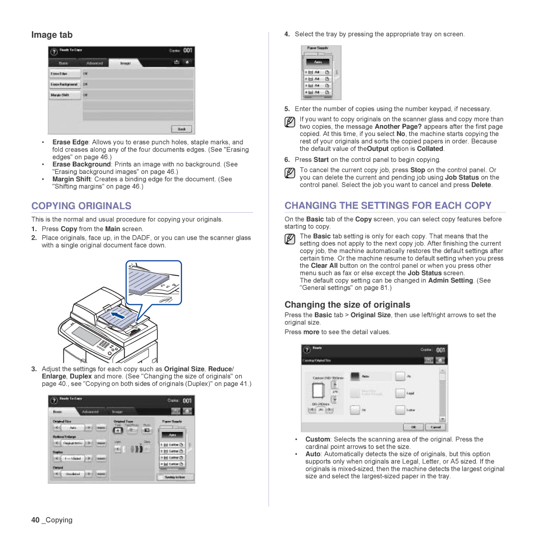 Samsung SCX-6555N Series Copying Originals, Changing the Settings for Each Copy, Image tab, Changing the size of originals 