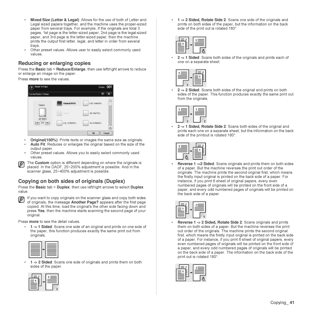 Samsung SCX-6555N Series manual Reducing or enlarging copies, Copying on both sides of originals Duplex 