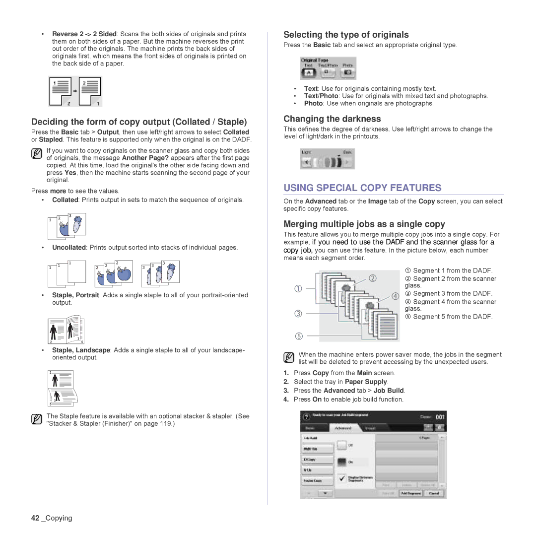 Samsung SCX-6555N Series manual Using Special Copy Features, Deciding the form of copy output Collated / Staple 