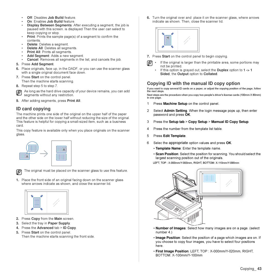 Samsung SCX-6555N Series ID card copying, Copying ID with the manual ID copy option, Press Add Segment 