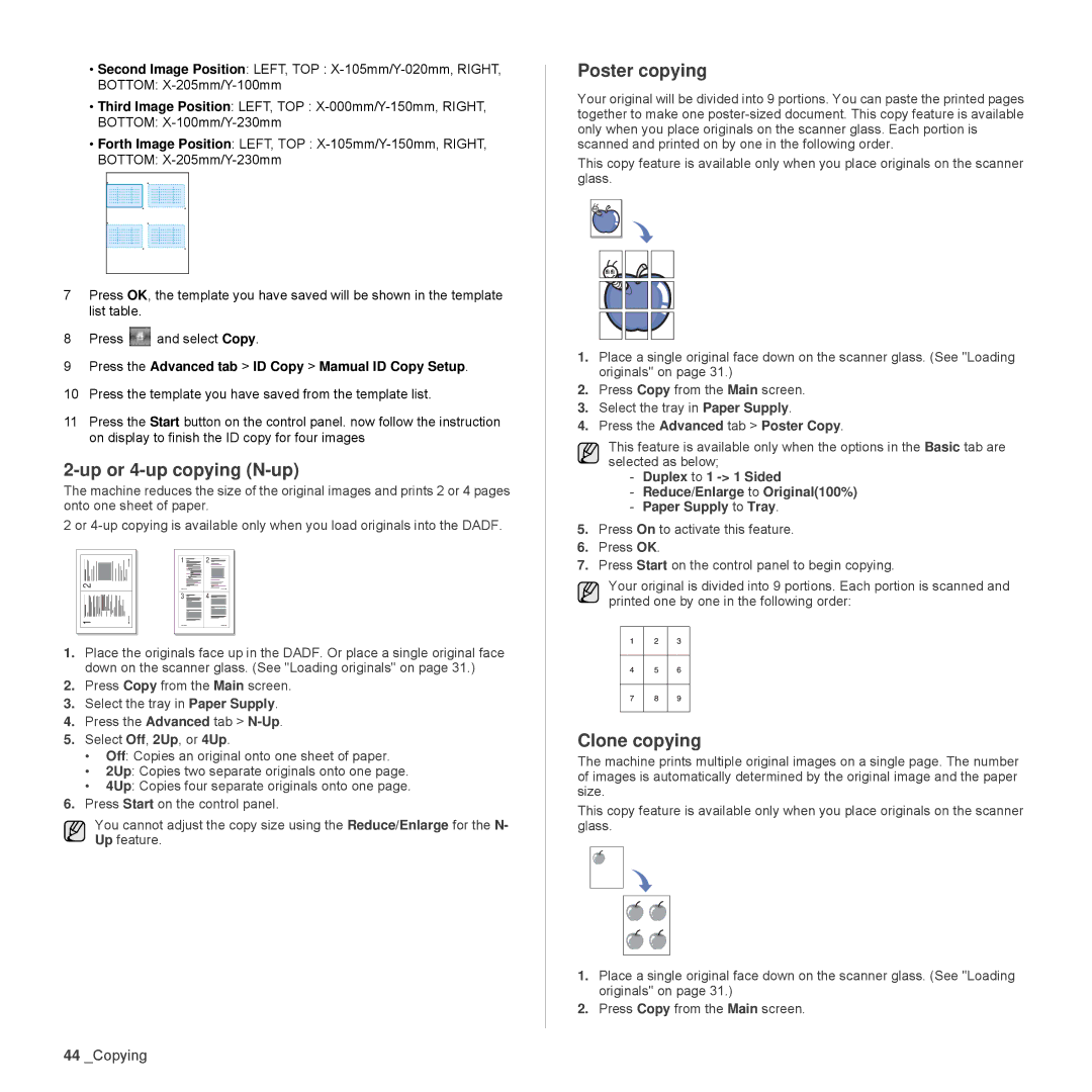 Samsung SCX-6555N Series manual Up or 4-up copying N-up, Poster copying, Clone copying, Press the Advanced tab Poster Copy 