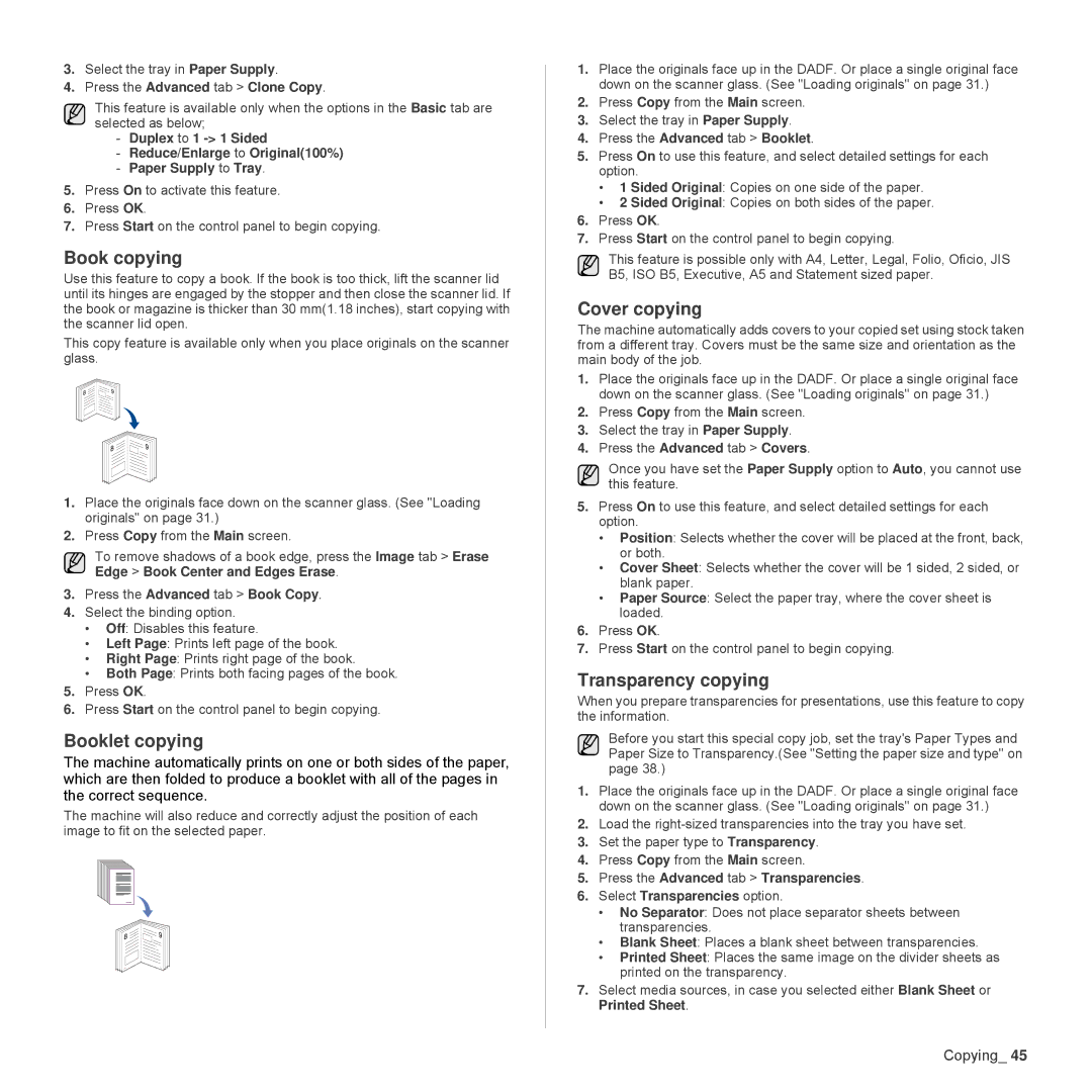 Samsung SCX-6555N Series manual Book copying, Booklet copying, Cover copying, Transparency copying 