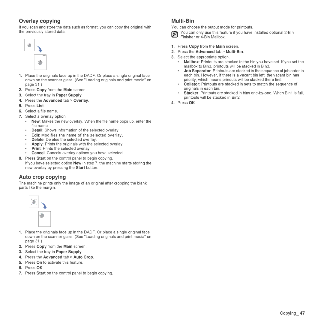 Samsung SCX-6555N Series manual Overlay copying, Auto crop copying, Multi-Bin, Press the Advanced tab Auto Crop 