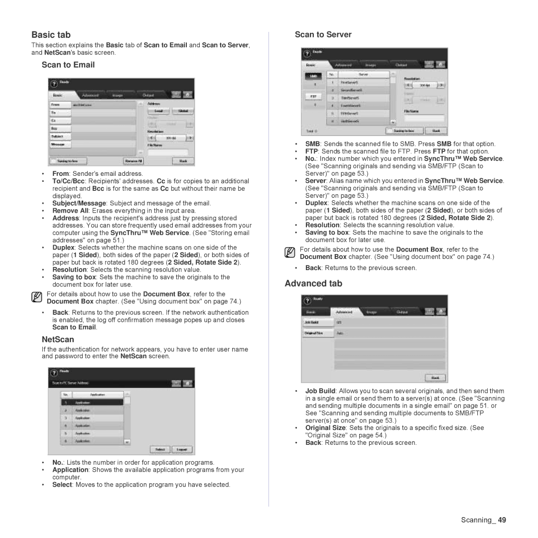 Samsung SCX-6555N Series manual Scan to Email, NetScan, Scan to Server 