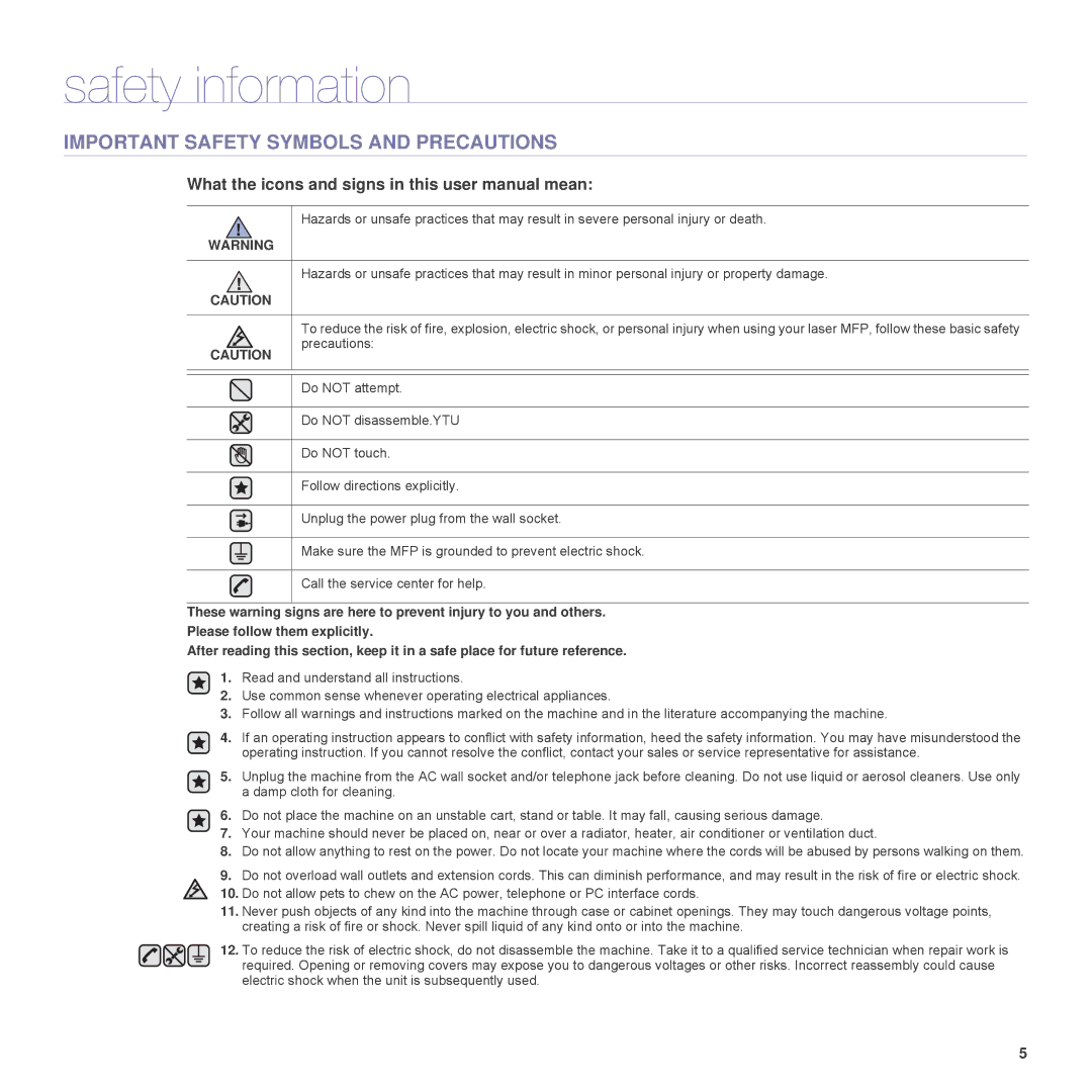 Samsung SCX-6555N Series manual Safety information, Important Safety Symbols and Precautions 