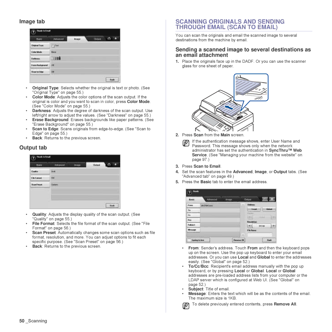 Samsung SCX-6555N Series manual Scanning Originals and Sending Through Email Scan to Email, Output tab, Press Scan to Email 