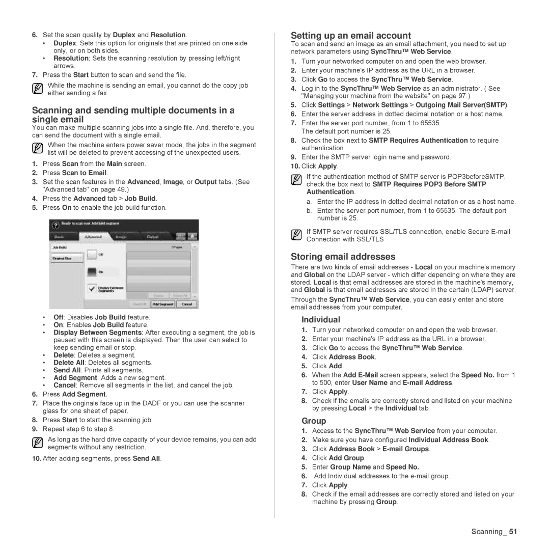 Samsung SCX-6555N Series Scanning and sending multiple documents in a single email, Setting up an email account, Group 