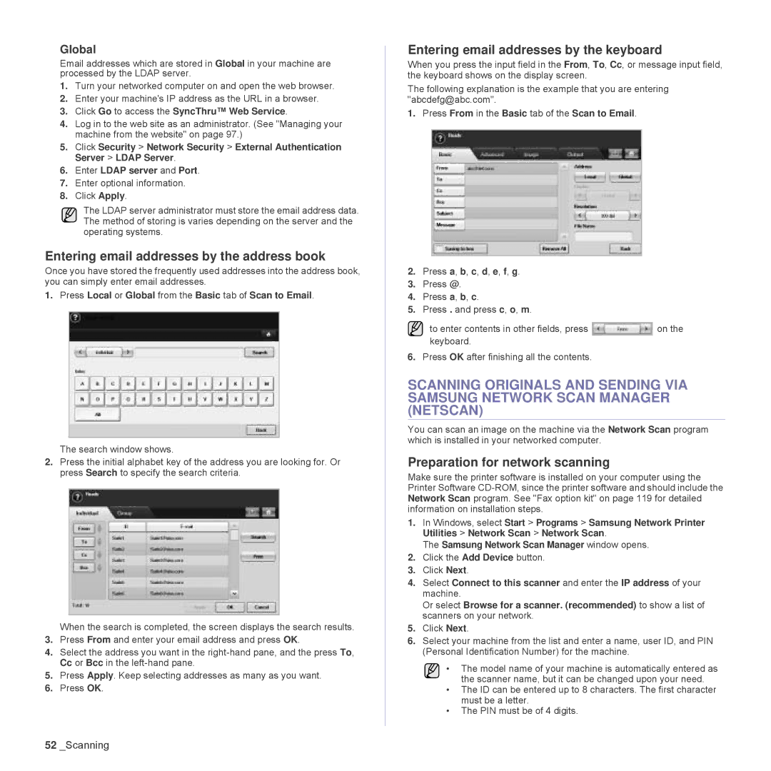 Samsung SCX-6555N Series Entering email addresses by the address book, Entering email addresses by the keyboard, Global 