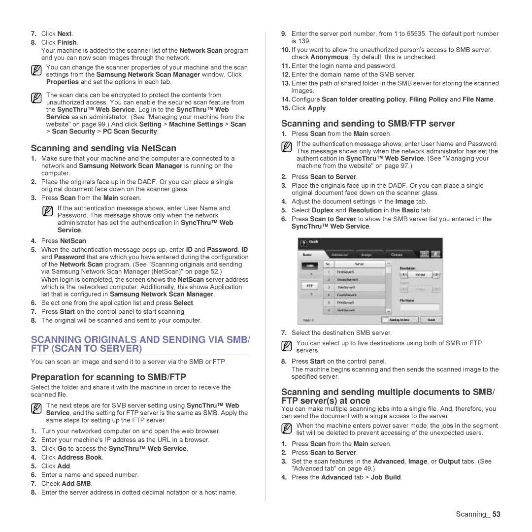 Samsung SCX-6555N Series Scanning Originals and Sending VIA SMB/ FTP Scan to Server, Scanning and sending via NetScan 