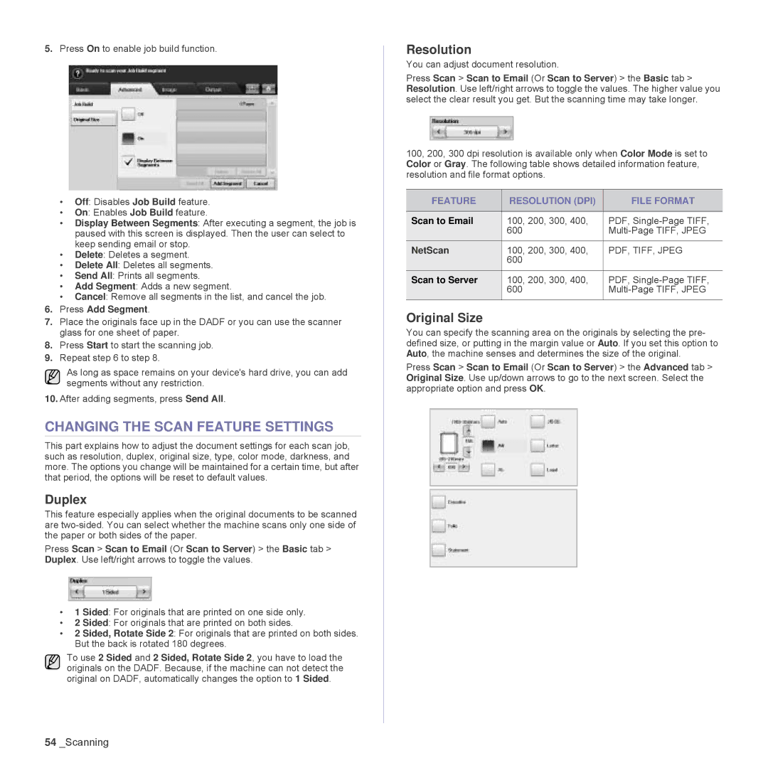 Samsung SCX-6555N Series manual Changing the Scan Feature Settings, Duplex, Resolution, Original Size 