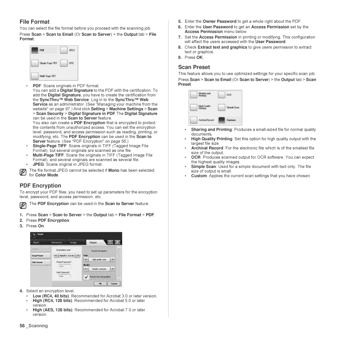 Samsung SCX-6555N Series manual File Format, Scan Preset 