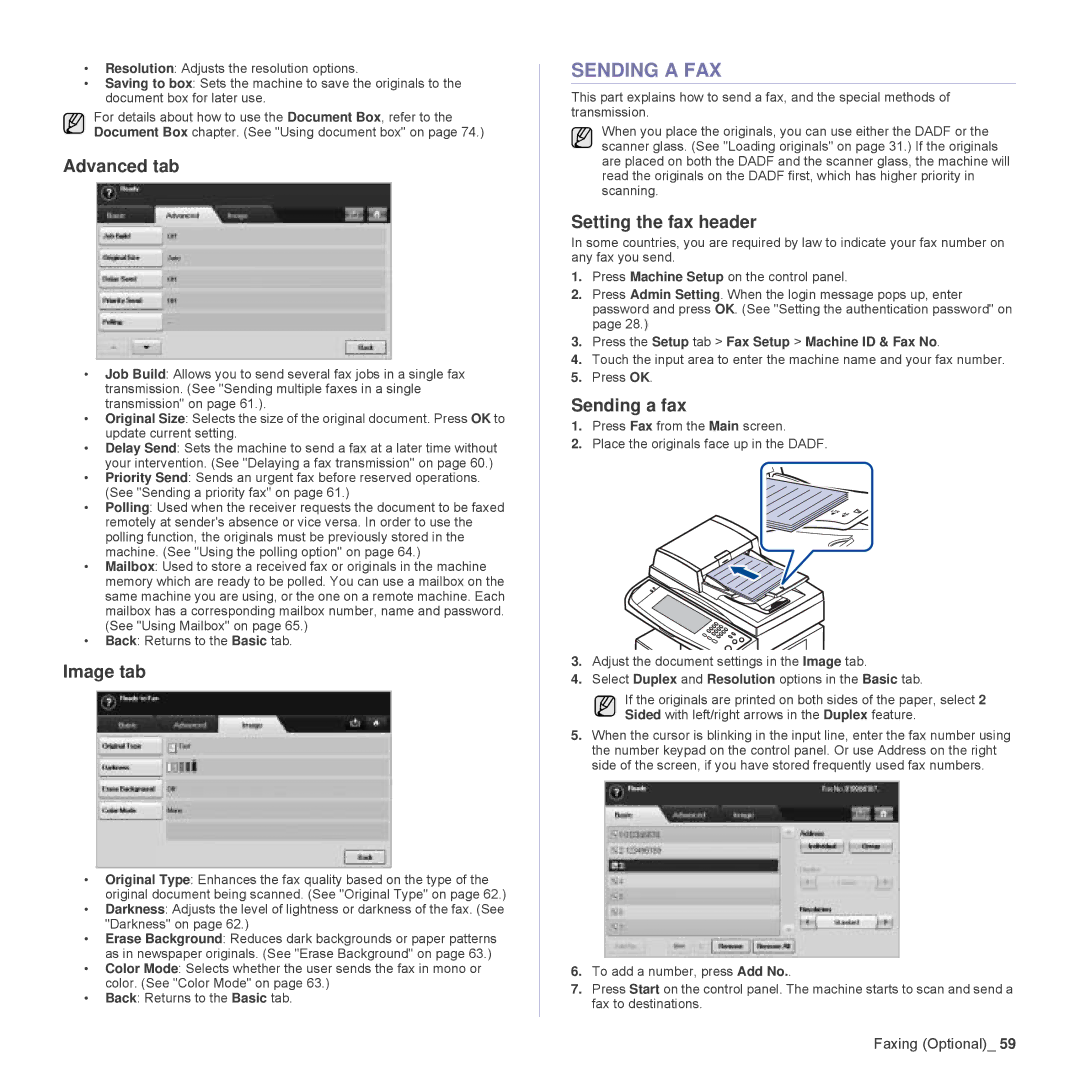 Samsung SCX-6555N Series manual Sending a FAX, Setting the fax header, Sending a fax 