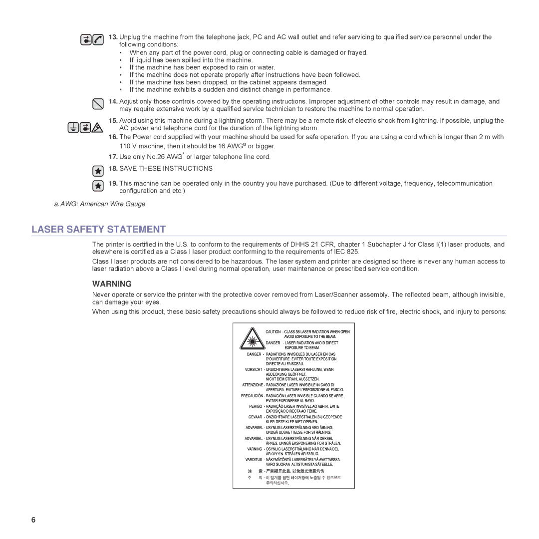 Samsung SCX-6555N Series manual Laser Safety Statement 