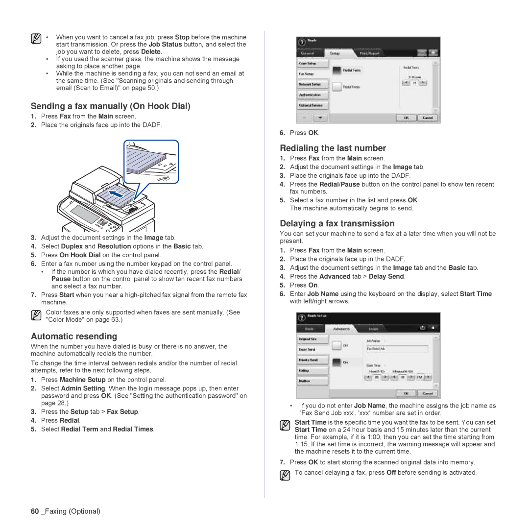 Samsung SCX-6555N Series Sending a fax manually On Hook Dial, Automatic resending, Redialing the last number 