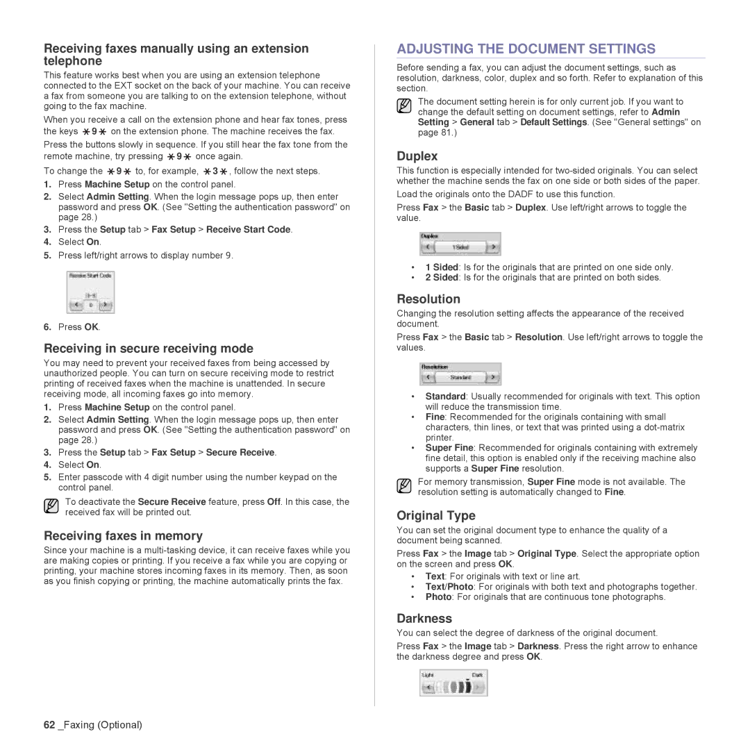 Samsung SCX-6555N Series Adjusting the Document Settings, Receiving faxes manually using an extension telephone 