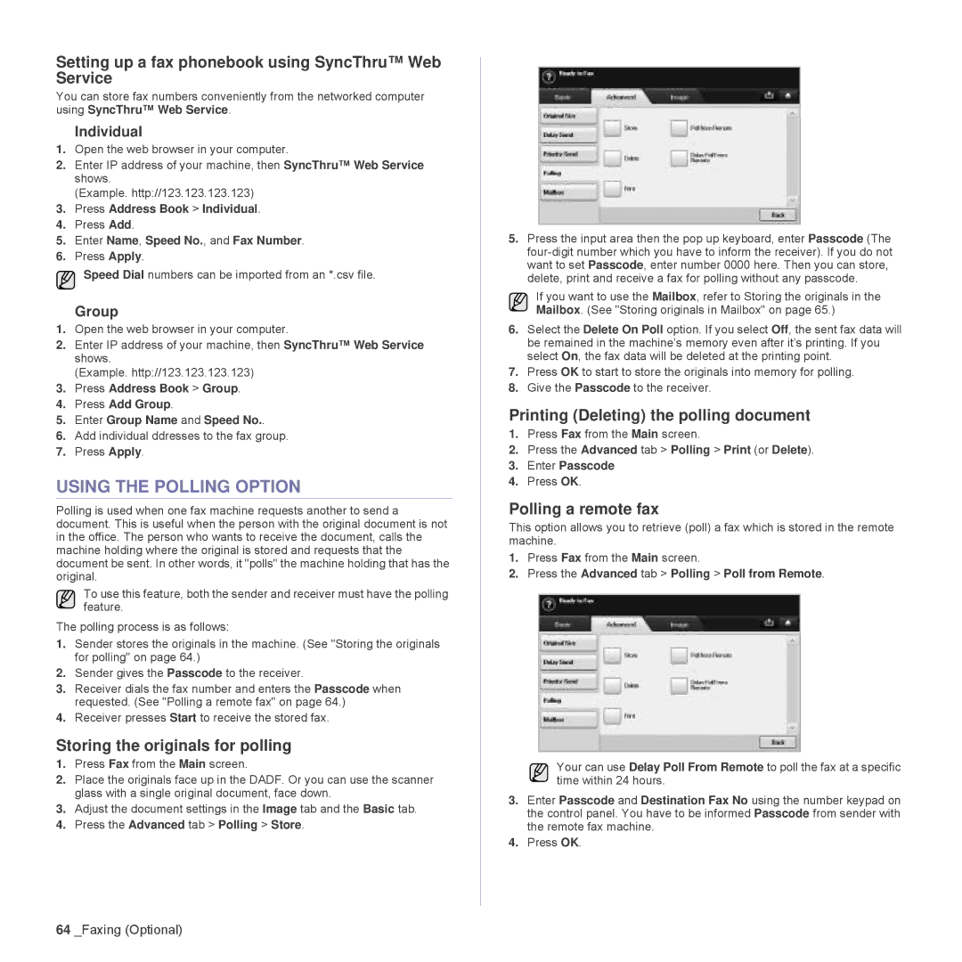 Samsung SCX-6555N Series manual Using the Polling Option, Setting up a fax phonebook using SyncThru Web Service 